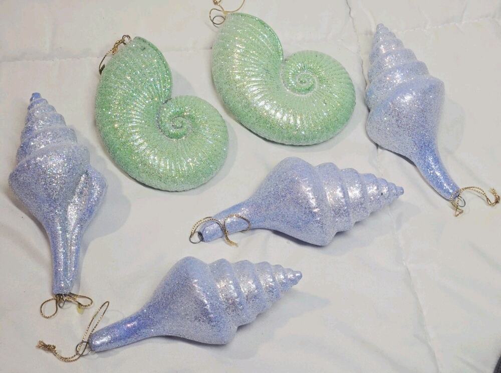Set 6 Seashell Glittered Ornament Blow Glass Green Blue Vtg Christmas Decor
